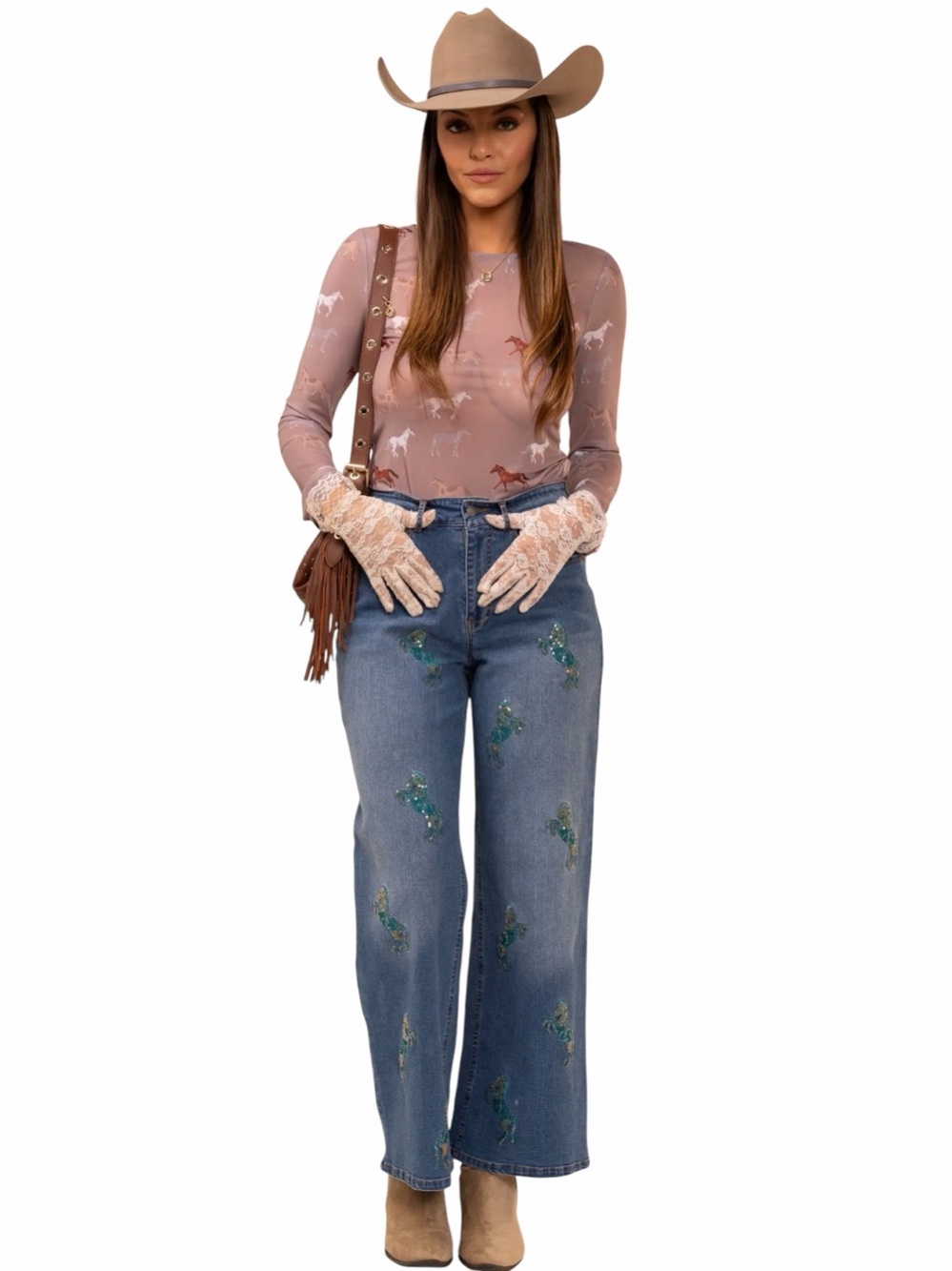 NEW blue b Medium Wash Aqua Green Allover Sequin Horse Equestrian Wide Leg Jeans